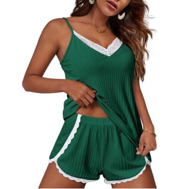 Imagem de Conjunto de pijama Ekouaer, lingerie macia feminina, verde escuro