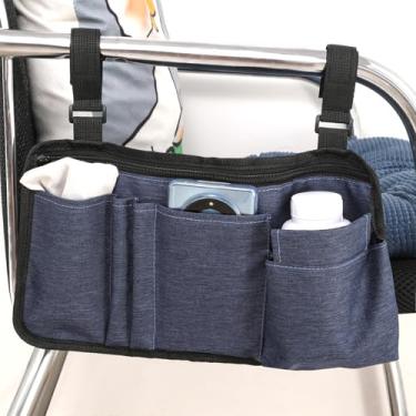 Imagem de Bolsa lateral para cadeira de rodas com suporte de copo, bolsa de apoio de braço para cadeira de rodas, acessórios para andador, andador, scooter elétrico, (azul)
