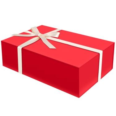 Imagem de Brothersbox Caixa de presente vermelha 35 x 23 cm x 11 cm Caixas de presente grandes para presentes com tampa magnética, fita, caixas dobráveis para embalagem de presente Dia das Mães, Natal