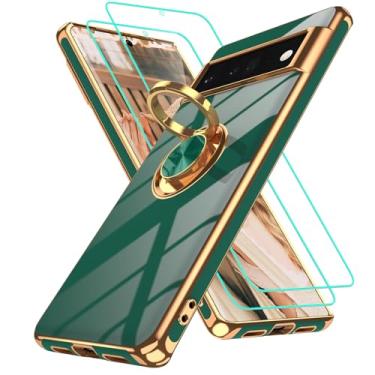 Imagem de Gritup Capa para Google Pixel 6 Pro com 2 protetores de tela | Suporte magnético de rotação de 360° | Revestimento dourado macio TPU protetor básico para Pixel 6 Pro verde