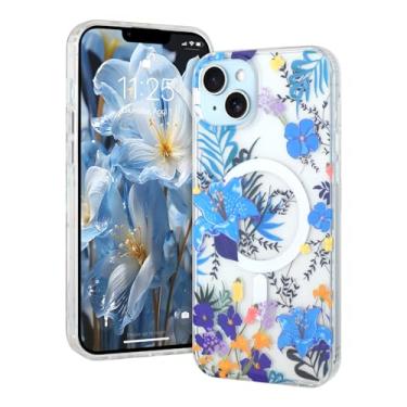 Imagem de AIGOMARA Capa magnética para iPhone 15 Plus [compatível com MagSafe] Design com estampa floral transparente, fina, antiamarelamento, à prova de choque, para mulheres e meninas, azul