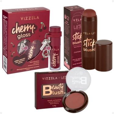 Imagem de Kit Gloss Cherry Com Chaveiro + Blush Stick e Compacto La`s Clothing Red Mocha