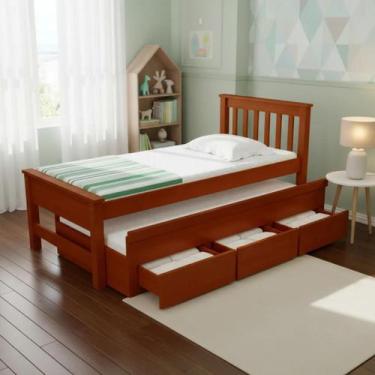 Imagem de Bicama Solteiro Madeira Maciça Esmeralda Cama Auxiliar Com 3 Gavetas -