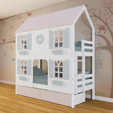 Imagem de Beliche Casinha Bela com Coração 2 Gavetas Rosa 4 Janelas Venezianas - Madeira Maciça Branco/Rosa/Verde | Megamobilia