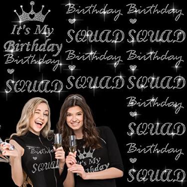 Imagem de 8 peças de adesivos de strass para aniversário, esquadrão de aniversário, adesivos de transferência de calor com strass It's My Birthday para festas de aniversário, camisas, adesivos de roupas