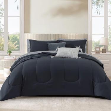 Imagem de Monbix Conjunto de edredom king size – 7 peças, cama em uma bolsa, conjunto de cama king size, azul e cinza, conjunto de cama com edredom, edredom alternativo para todas as estações, com lençóis