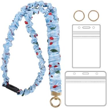 Imagem de YAVVOZH Cordão Scrunchie Breakaway para crachás de identificação, cordão elástico para professores com suporte de identificação para chaves, Azul cereja, tamanho �nico