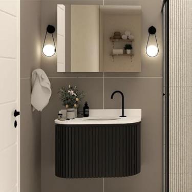 Imagem de Gabinete Banheiro Ripado 100cm C/Curvo Cuba Ardósia Espelho (Preto/Branco)