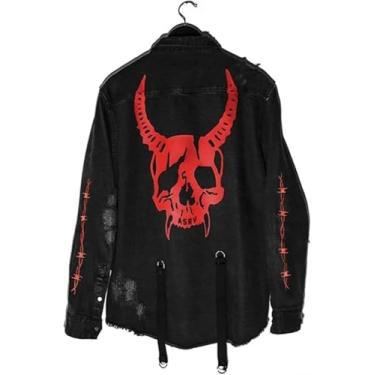Imagem de Jaqueta Jeans Casaco Preto Casual Harajuku Streetwear Jeans Vintage Casaco Gótico Bordado Caçador De Demônios Caveira Homens Rock Punk, Black Venom, XL