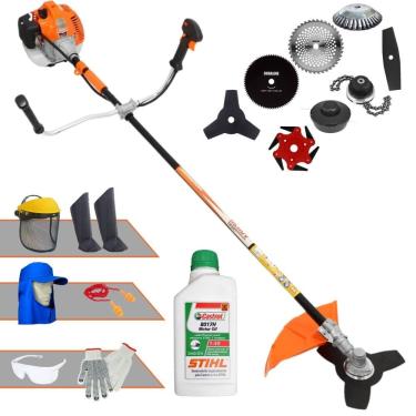 Imagem de Roçadeira Profissional Vulcan VR520H À Gasolina 52cc 2,5HP Alta Rotação Com Carretel de Nylon + Kit 7 Opções de Cortes + EPI + ÓLEO STIHL 2 Tempos