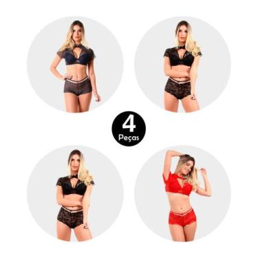 Imagem de Kit 4 Conjunto IMI Lingerie Com Bojo Caleçon Em Renda E Tule Cropped, 