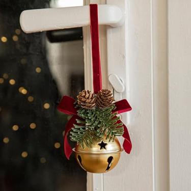 Imagem de Sino de Natal dourado com corda de juta - Sino de cobre metálico feito à mão para decoração de parede rústica, árvore de Natal, guirlanda e pendurar na porta - Decorações de Natal vintage de fazenda