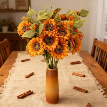 Imagem de 6 peças de girassóis sintéticos de outono de 65 cm, flores artificiais, buquê de girassóis de outono, 18 cabeças, com hastes longas, realistas para casa, casamento, dia de Ação de Graças, peças