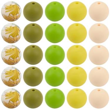 Imagem de SUNNYCLUE 80 peças, 5 estilos, contas de silicone verdes e amarelas estampadas contas focais a granel 1,5 cm borracha macia padrão de flor redonda kit espaçadores soltos para fazer joias, pulseiras