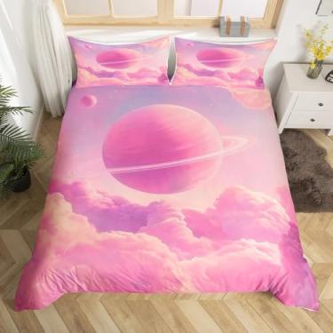 Imagem de jejeloiu Jogo de cama queen com galáxia rosa, sistema solar estrelado, capa de edredom para crianças, meninos, meninas, estampa 3D, capa de edredom com nebulosa sonhadora, 3 peças