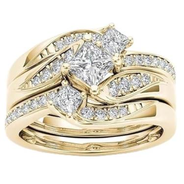 Imagem de Conjunto de 3 peças/conjunto de anéis de noivado empilháveis com zircônia cúbica quadrada banhada a ouro elegante e empilhável, alianças de compromisso, festas noturnas, presentes de dia dos namorados