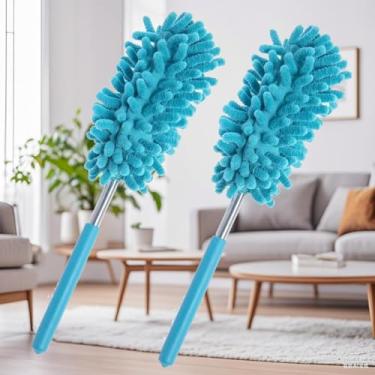 Imagem de 2 peças de espanador de microfibra para limpeza, mastro extensível e design destacável, ideal para limpeza de janelas, móveis e ventilador de teto, azul
