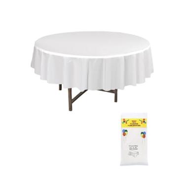 Imagem de Toalha de mesa de plástico descartável, toalhas de mesa redondas de 213 cm para festas, toalhas de mesa decorativas para mesas redondas, capa de mesa de plástico, à prova de vazamento e resistente
