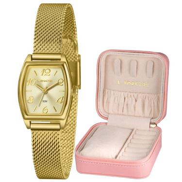Imagem de Kit Relógio Lince Feminino Dourado Quadrado Lqgh278l22 C2kx