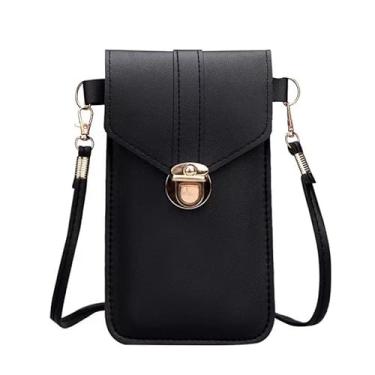 Imagem de Capa de telefone de couro PU bolsa transversal com tela sensível ao toque transparente, alça ajustável, bolsa de camada dupla, preta, marrom, rosa, Preto, Bonita