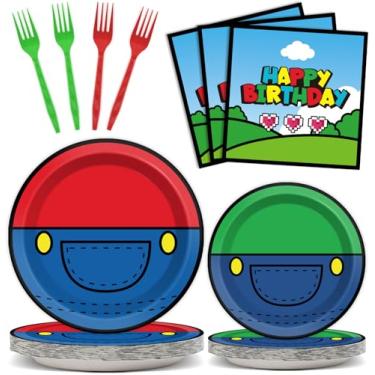 Imagem de Conjunto de 96 peças de artigos de festa Super Brother Pratos Super Brother Super Video Games Roupa de mesa e guardanapos, garfos Super Bros Decorações de festa de aniversário para crianças chá de bebê serve 24
