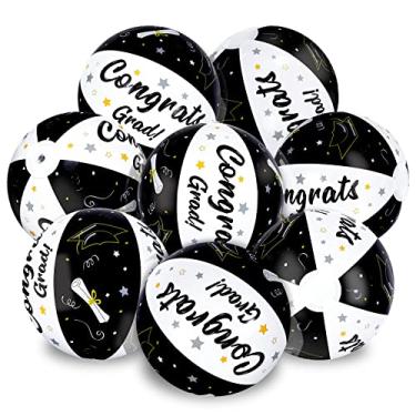 Imagem de Whaline 12 bolas de praia infláveis de formatura 2025 Parabéns Grad bola de praia preta branca formatura festa na piscina PVC bolas de faias para piscina, festa, verão, água, areia jogo