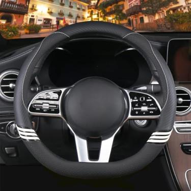 Imagem de Binsheo Capa de volante fofa em forma de D de 35,5 cm para mulheres e homens, couro sintético e fibra de carbono, preta