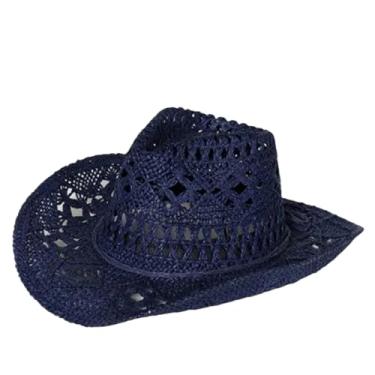 Imagem de Chapéu de palha feminino masculino crochê cowboy cor sólida aba larga praia chapéu de sol vazado boné de vaqueira marinho 56 a 58 cm