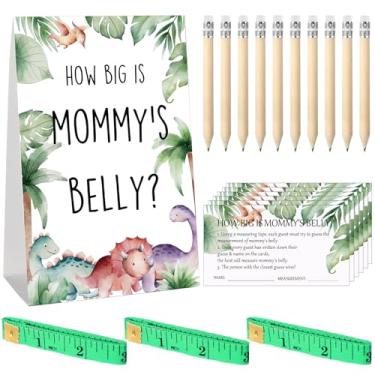 Imagem de Sabary 64 peças de jogos de chá de bebê incluem o tamanho do sinal de barriga da mamãe com 50 cartas, 10 lápis, 3 fitas métricas para chá de bebê, artigos de festa (Dinasour)