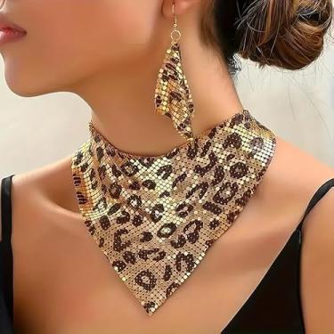 Imagem de Colar de cachecol triangular feminino com estampa de leopardo + brincos conjunto de joias modernas personalizadas corrente de clavícula exagerada