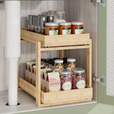 Imagem de APRTAT Pacote com 2 organizadores embaixo da pia, armazenamento removível de madeira de bambu com gavetas deslizantes para armários de cozinha e banheiro, fácil instalação (natural, 1 pacote)