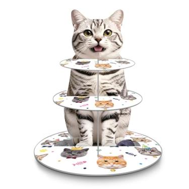 Imagem de Zikoos Suporte Para Cupcake Com Tema De Gato, Torre Bolo 3 Andares, Decoração Fofa Festa Aniversário, Conjunto Bandeja Mesa Sobremesas Em Camadas, Amantes Animais Estimação E Suprimentos Crianças