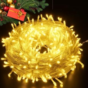 Imagem de Pisca-Pisca Natalino LED, 100 Lâmpadas Branco Quente, 9 Metros, 4 Funções, Fio Transparente, 110V, para Decoração de Natal