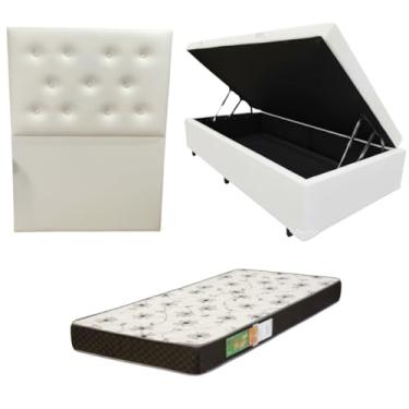 Imagem de Cama Box Baú Solteiro Blindada com Colchão Solteiro Espuma D20 12cm | Kit Completo com Cabeceira Botonê Opcional | Diversas Cores (3, CORINO BRANCO, COM CABECEIRA)