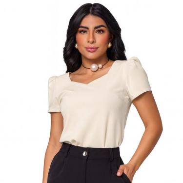Imagem de Blusa Social Feminina Manga Curta Bufante Decote Princesa Crepe Elegan