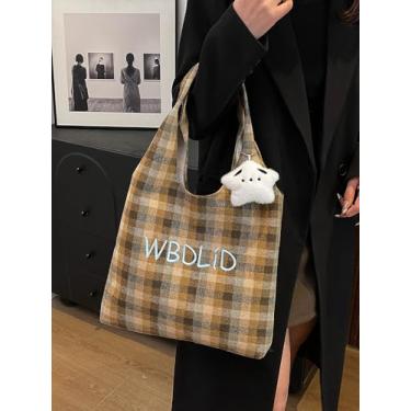 Imagem de Bolsa feminina xadrez vintage – Bolsa de ombro de lã com bordado para deslocamento diário, Amarelo, Medium, Mochila casual