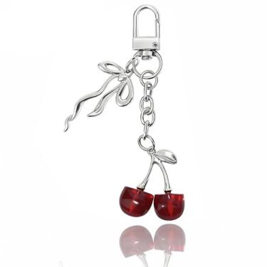 Imagem de YOYBSPVN Berloque vermelho pequeno cereja prata acessórios com laço de coquete para bolsa de telefone bolsa de mão presentes para filha dama de honra Bestie