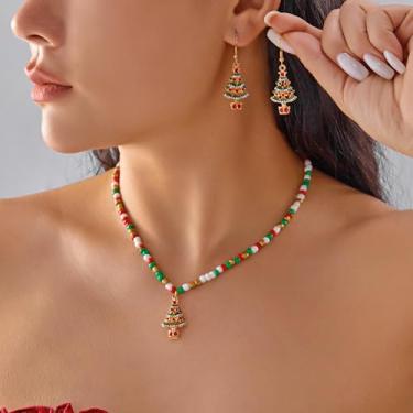 Imagem de Aonklot Conjunto de colares e brincos de Natal para mulheres árvore de Natal com contas floco de neve Papai Noel coração pingente gargantilha vermelho verde branco árvore brincos de floco de neve