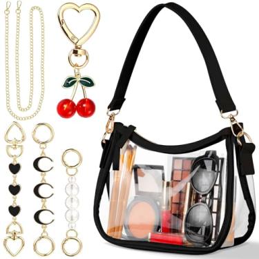 Imagem de Abbylike Bolsa de ombro feminina com 3 extensores de corrente com pingente de cereja pequena bolsa de mão de mão kit de berloque de presente de Natal, Transparente, preto