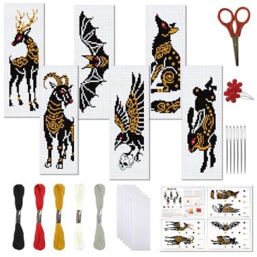 Imagem de FREEBLOSS Conjunto de 6 kits de marcadores de página de ponto cruz Animaux Pixels estampados, kit de bordado de 11 CT com instruções para iniciantes 20 x 6 cm