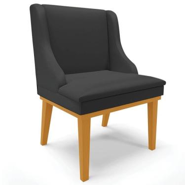 Imagem de Cadeira Estofada Para Sala De Jantar Base Fixa De Madeira Castanho Lia Sintético Preto - Ibiza