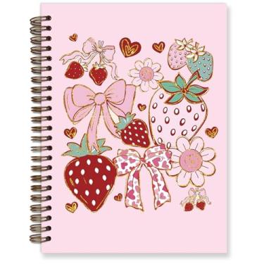 Imagem de TFKFJLF Caderno universitário de morango com laço de coquete rosa, diário feminino de morango, diário estético moderno, material de escritório Coquette, caderno espiral floral fofo 14 x 21 cm