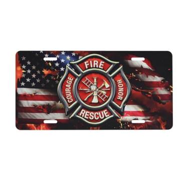 Imagem de KOSUES Placa de carro de alumínio com símbolo de chama de bombeiro, bandeira americana, 15 x 30 cm, capa de placa de carro frontal, acessório de decoração de carro, novidade etiqueta de decoração de