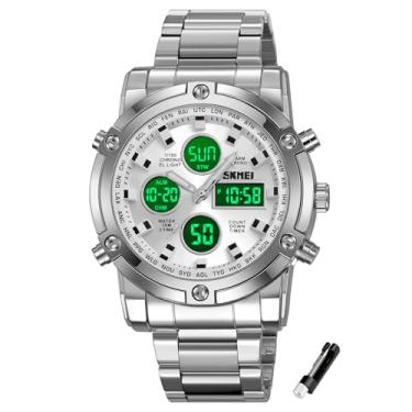 Imagem de SKMEI Relógio de pulso masculino, relógios digitais analógicos militares à prova d'água com cronógrafo multihorário de LED, relógios executivos de aço inoxidável para homens, Prata 2556