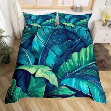 Imagem de Jogo de cama tropical, tamanho solteiro, folhas de palmeira, capa de edredom 3D, 2 peças para decoração de quarto de crianças, meninos, mulheres, decoração de quarto de jovem, capa de edredom botânico