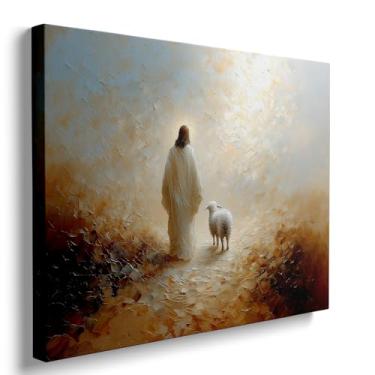Imagem de Ypxzzj Arte de parede em tela Jesus e Cordeiro - Pintura bíblica religiosa cristã para decoração de casa e igreja, presente de batismo, sala de oração e decoração de Natal, impressão de pastor pronta