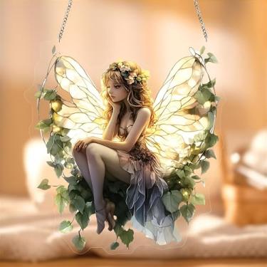 Imagem de Pendurado em acrílico manchado, apanhador de sol colorido de fada, painel de acrílico vintage, protetor solar verde, decoração de casa para porta de janela, aniversário de Natal, para mulheres, homens