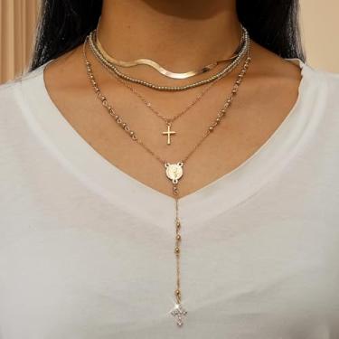 Imagem de Colares femininos minimalistas em camadas, rosário religioso, crucifixo, gargantilha com pingente de cruz, joias modernas, 36+7cm, Ferro Metal, Sem Pedra Preciosa