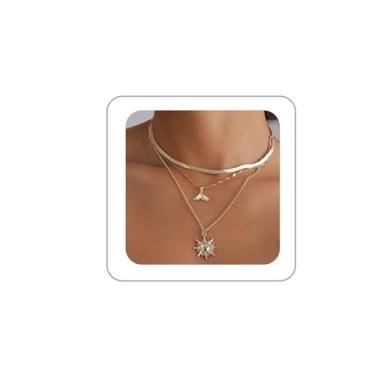 Imagem de BOOZIQ Colares de sol de ouro para mulheres, colares modernos de corrente em camadas, boêmio, estrela-do-mar, pingente de sol, colar grosso de moeda, colar gargantilha de sereia, bijuteria de