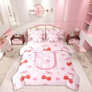 Imagem de Conjunto de cama solteiro com letra U, 7 peças, monograma com laço kawaii, estilo princesa, inclui edredom, conjunto de lençol, fronhas e fronhas, decoração de quarto de coração fofo para amantes de